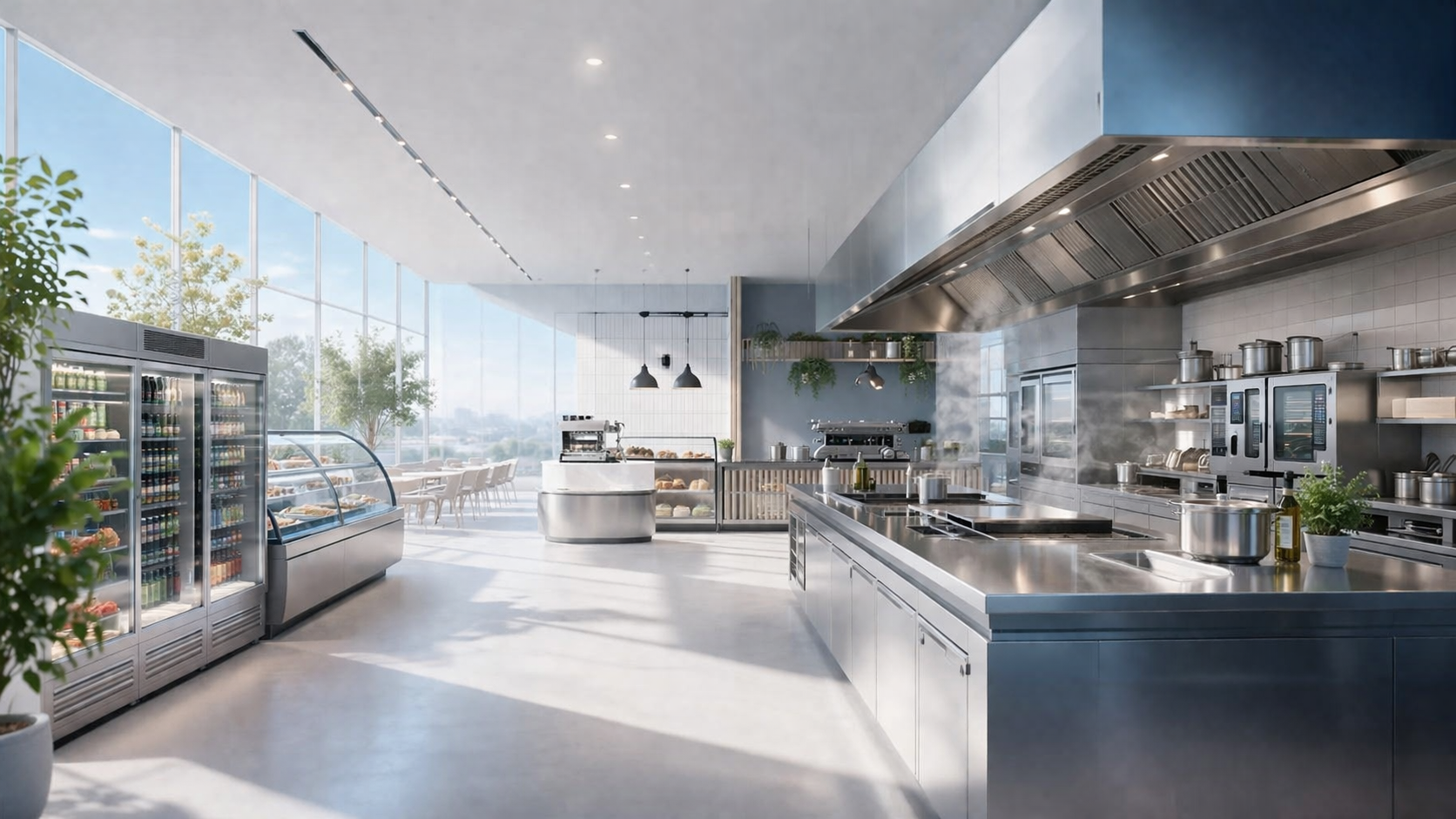 Modern commercial kitchen and cafe setup