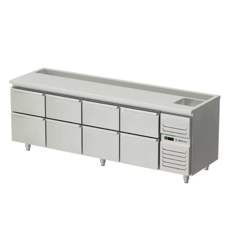 Allthermo Barkylbänk med lådor, flaskräna och isvask BKBF-A (B900-2400 x D650 x H900 mm)