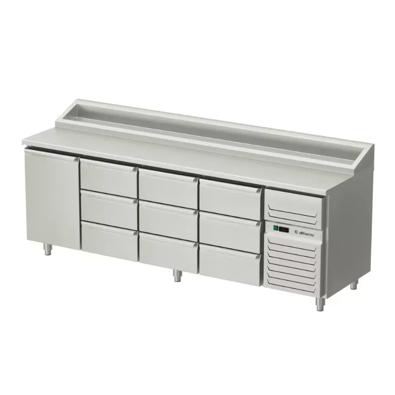 Allthermo Kallskänksbänk med 1 dörr, 9 lådor och kylränna KHK2-240-A-1D-9S (B2400 x D650 x H900 mm)