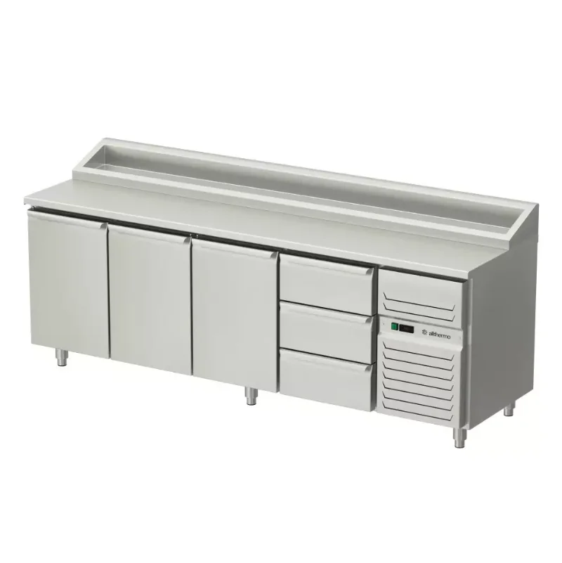 Allthermo Kallskänksbänk med 3 dörrar, 3 lådor och kylränna KHK2-A-3D-3S (2100-2400 x D650 x H900 mm)