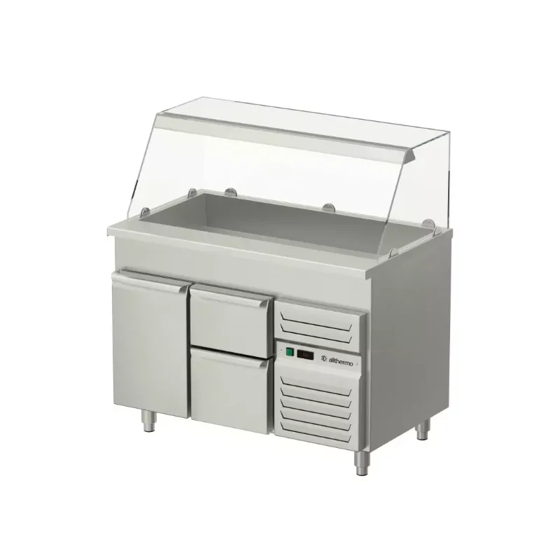 Allthermo Salladskyl med dörrar, 2 lådor, glashylla och kylbrunn med konvektionsskyla KBB-A-2-N (B1200-2000 x D700 x H900 mm)